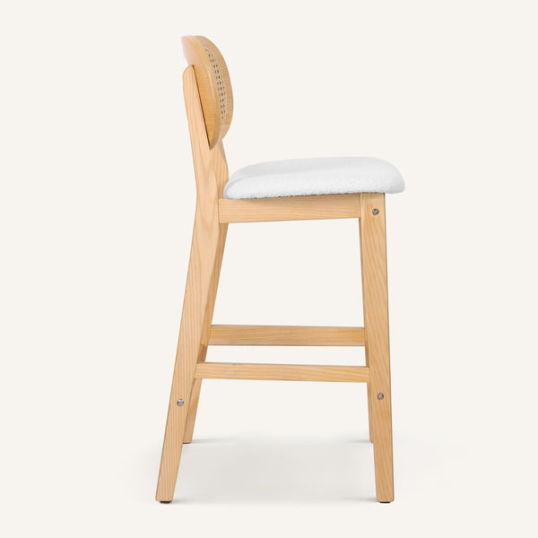 Applejack bar stool, White Sacy Fabric-Natural Frame