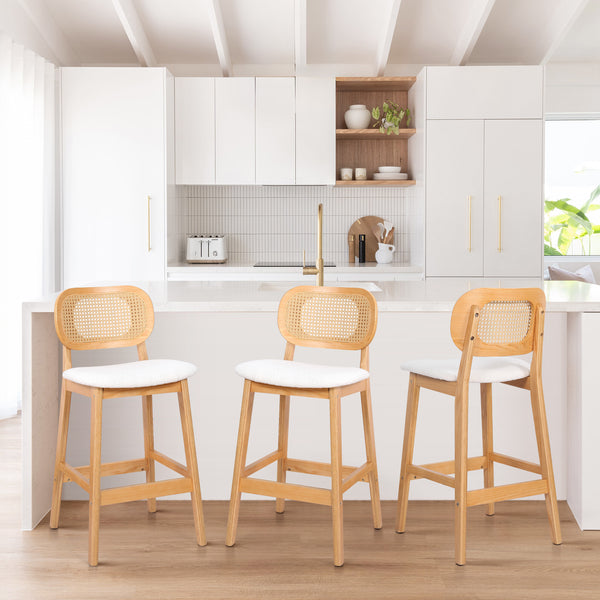 Applejack bar stool, White Sacy Fabric-Natural Frame