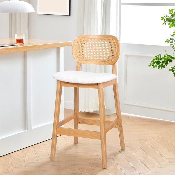 Applejack bar stool, White Sacy Fabric-Natural Frame