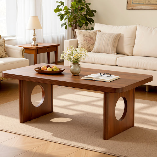 Aqitag Coffee Table in Brown Pine with Circular Legs