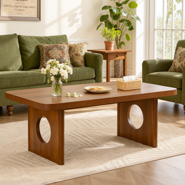 Aqitag Coffee Table in Brown Pine with Circular Legs
