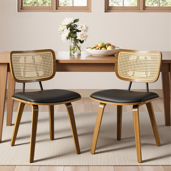 Dorsa Dining Chair in Black Hron Leather, Rattan Backrest
