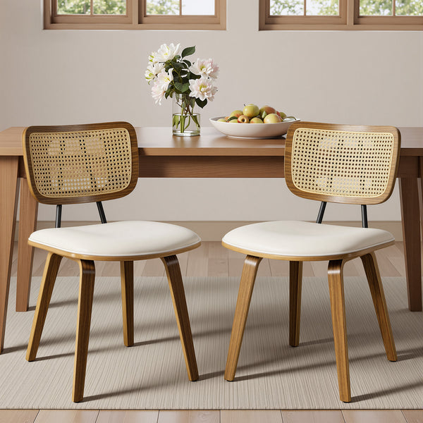 Dorsa Dining Chair in Cream Hron Leather, Rattan Backrest