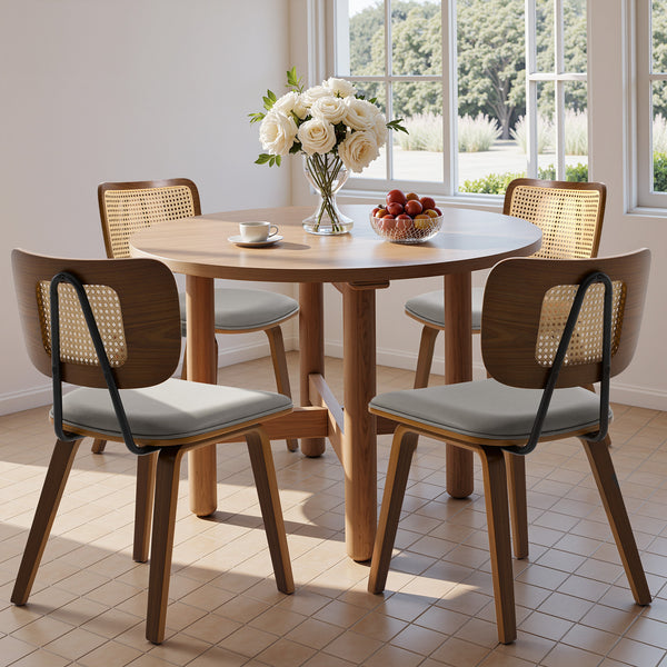 Dorsa Dining Chair in Gray Hans Leather, Rattan Backrest