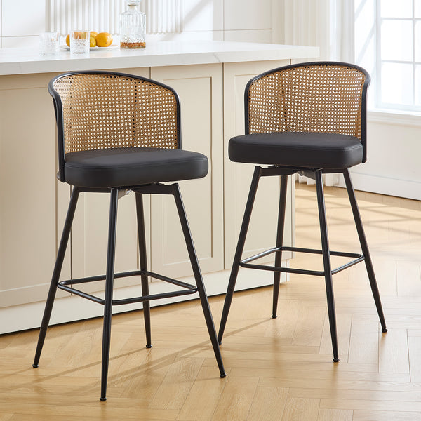 Lagrein II Swivel Bar Stool in Black Jaen Leather with Rattan Backrest