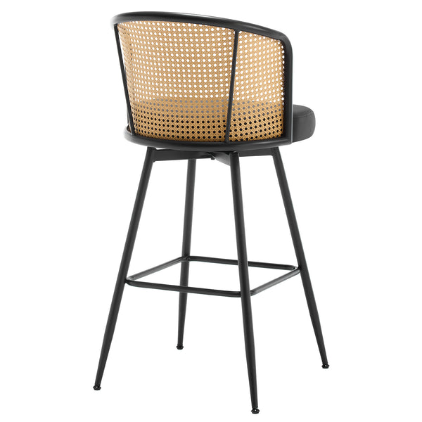 Lagrein II Swivel Bar Stool in Black Jaen Leather with Rattan Backrest