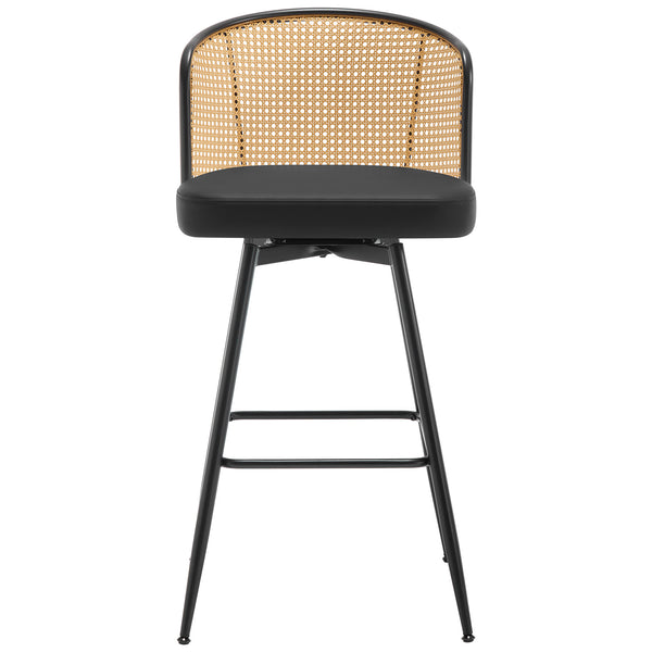 Lagrein II Swivel Bar Stool in Black Jaen Leather with Rattan Backrest