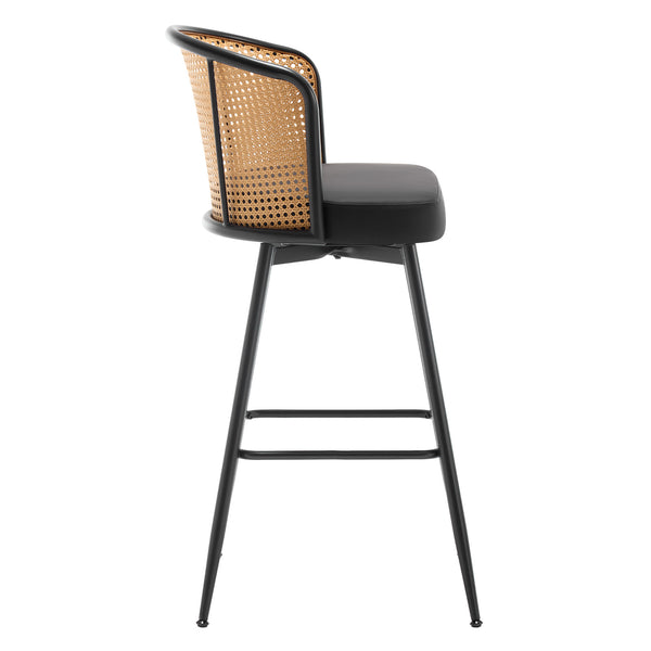 Lagrein II Swivel Bar Stool in Black Jaen Leather with Rattan Backrest