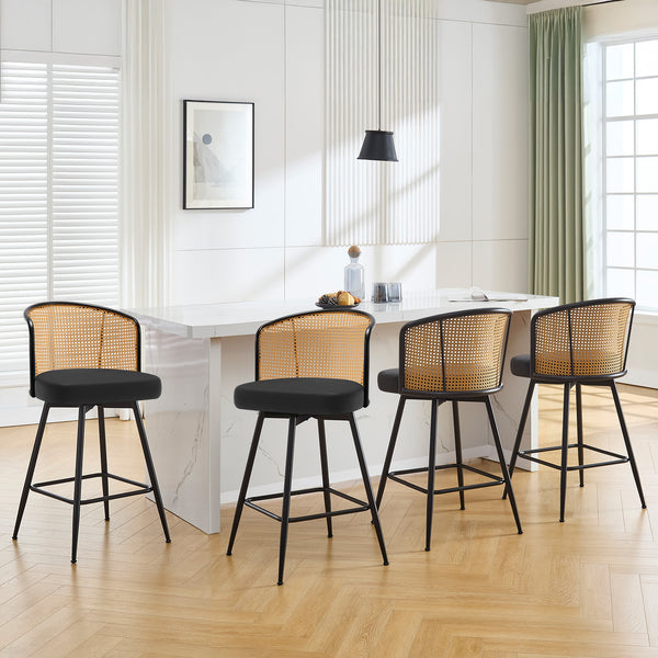 Lagrein II Swivel Counter Stool in Black Jaen Leather with Rattan Backrest