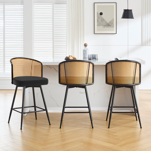 Lagrein II Swivel Counter Stool in Black Jaen Leather with Rattan Backrest