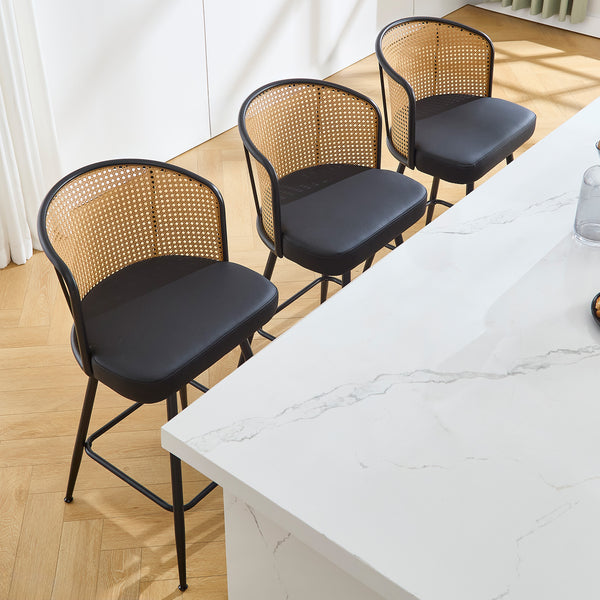 Lagrein II Swivel Counter Stool in Black Jaen Leather with Rattan Backrest