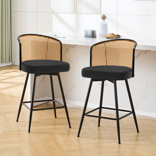 Lagrein II Swivel Counter Stool in Black Jaen Leather with Rattan Backrest