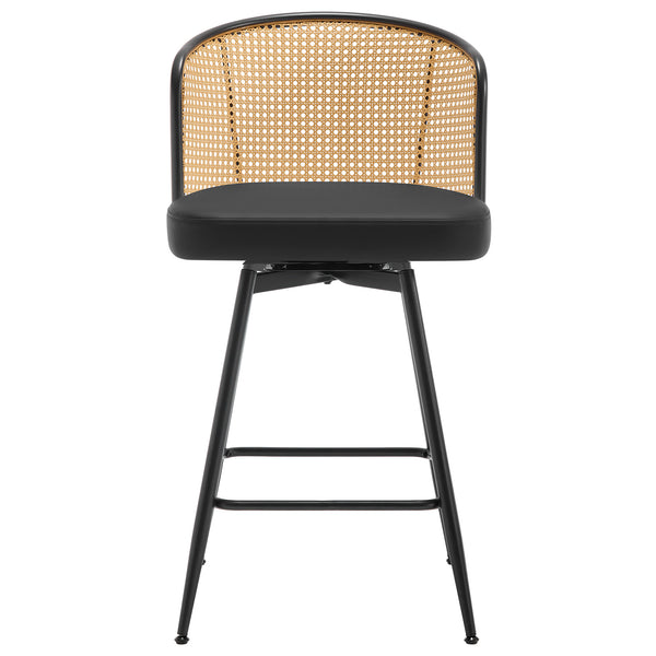 Lagrein II Swivel Counter Stool in Black Jaen Leather with Rattan Backrest