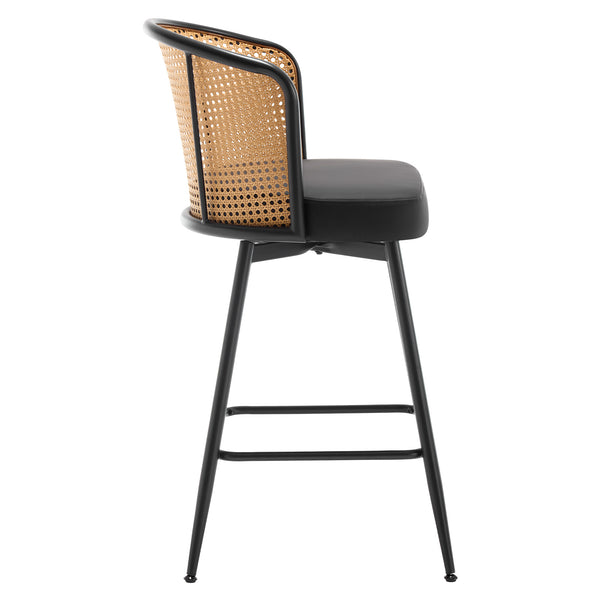 Lagrein II Swivel Counter Stool in Black Jaen Leather with Rattan Backrest
