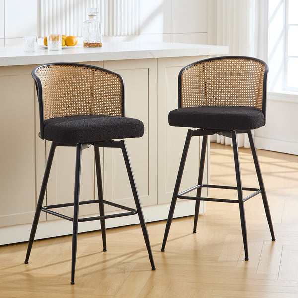 Lagrein II Swivel Bar Stool in Black Sacy Fabric with Rattan Backrest