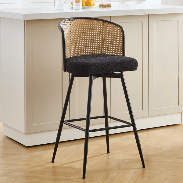 Lagrein II Swivel Bar Stool in Black Sacy Fabric with Rattan Backrest