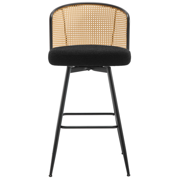 Lagrein II Swivel Bar Stool in Black Sacy Fabric with Rattan Backrest
