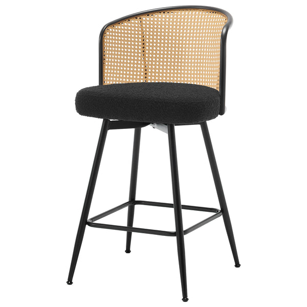 Lagrein II Swivel Counter Stool in Black Sacy Fabric with Rattan Backrest