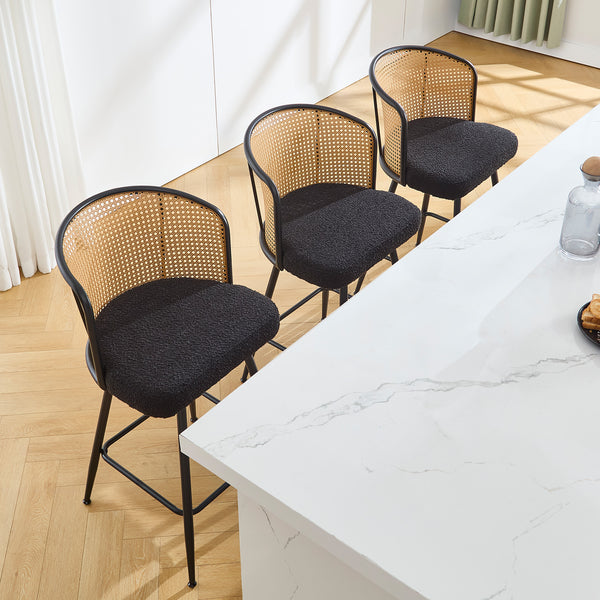 Lagrein II Swivel Counter Stool in Black Sacy Fabric with Rattan Backrest