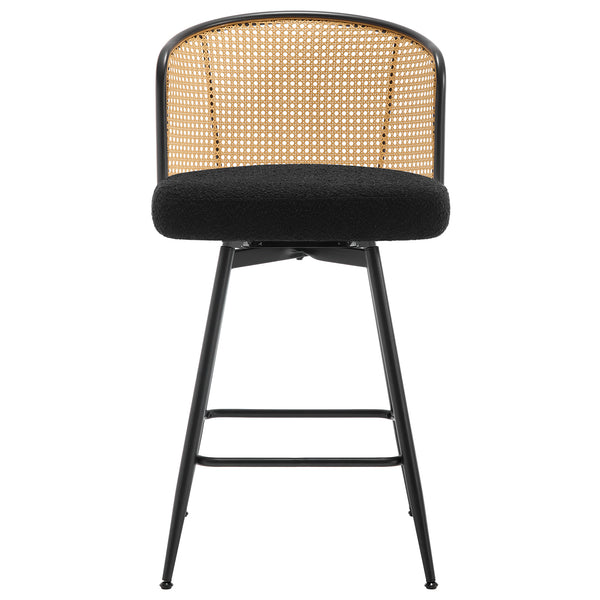 Lagrein II Swivel Counter Stool in Black Sacy Fabric with Rattan Backrest