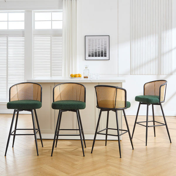 Lagrein II Swivel Bar Stool in Green Sacy Fabric with Rattan Backrest
