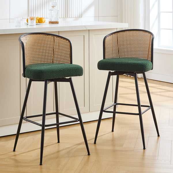 Lagrein II Swivel Bar Stool in Green Sacy Fabric with Rattan Backrest