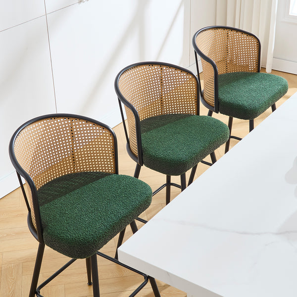 Lagrein II Swivel Bar Stool in Green Sacy Fabric with Rattan Backrest