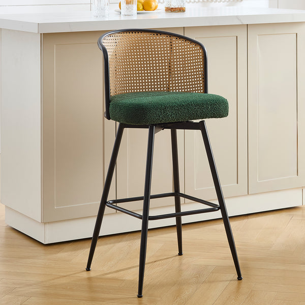 Lagrein II Swivel Bar Stool in Green Sacy Fabric with Rattan Backrest