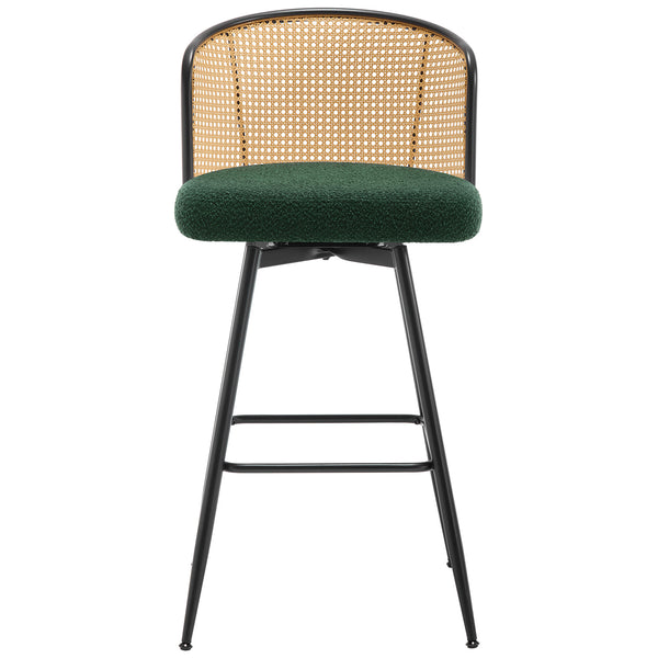 Lagrein II Swivel Bar Stool in Green Sacy Fabric with Rattan Backrest