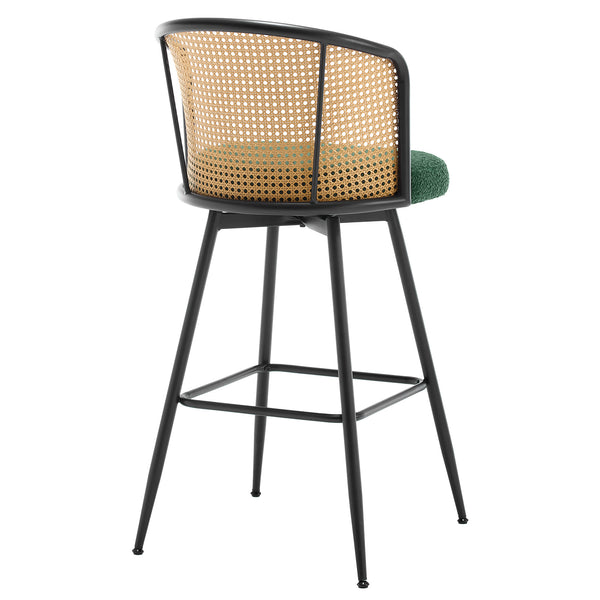 Lagrein II Swivel Bar Stool in Green Sacy Fabric with Rattan Backrest