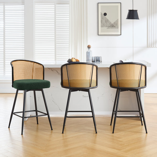 Lagrein II Swivel Counter Stool in Green Sacy Fabric with Rattan Backrest