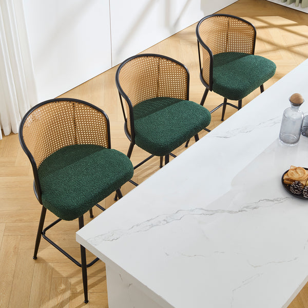 Lagrein II Swivel Counter Stool in Green Sacy Fabric with Rattan Backrest