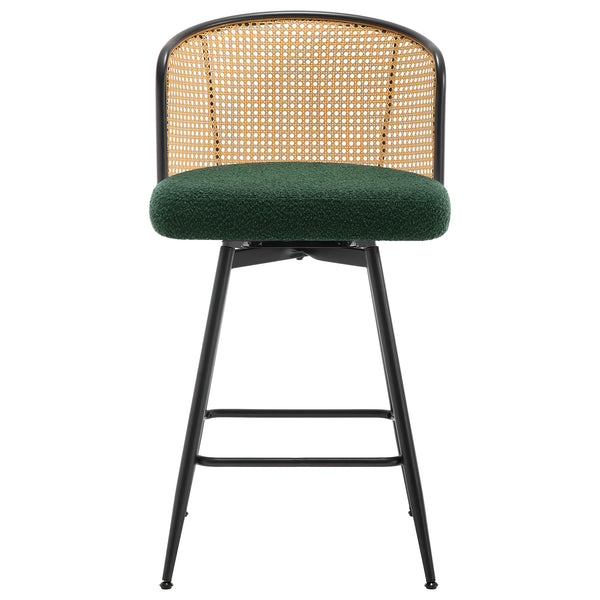 Lagrein II Swivel Counter Stool in Green Sacy Fabric with Rattan Backrest