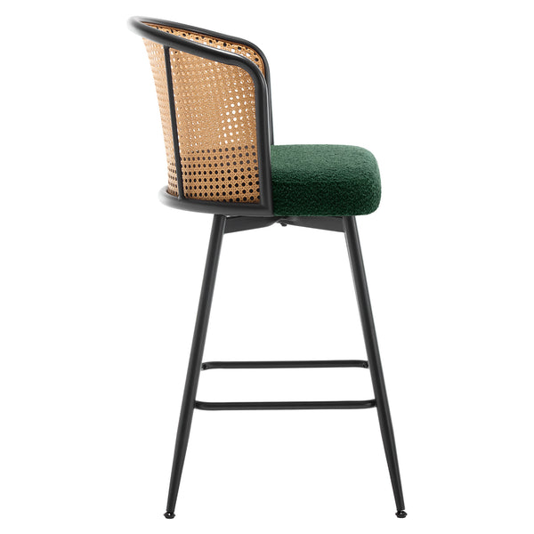 Lagrein II Swivel Counter Stool in Green Sacy Fabric with Rattan Backrest