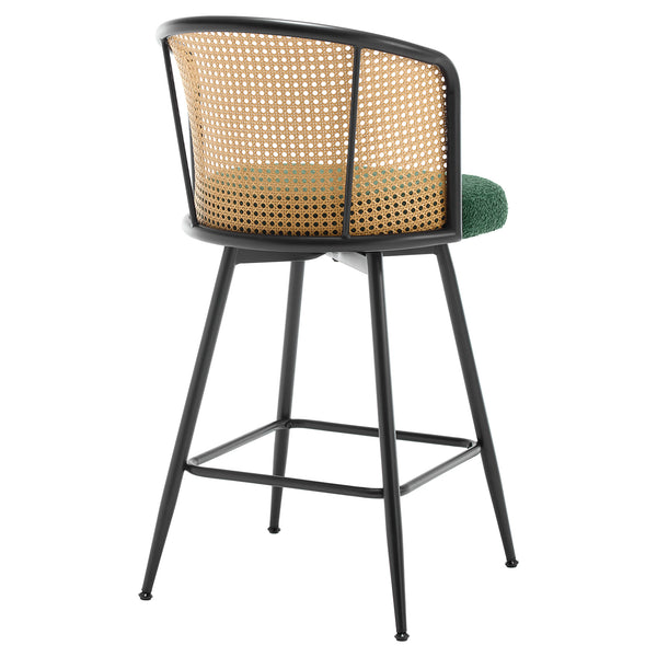 Lagrein II Swivel Counter Stool in Green Sacy Fabric with Rattan Backrest