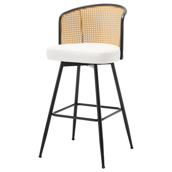 Lagrein II Swivel Bar Stool in White Jaen Leather with Rattan Backrest