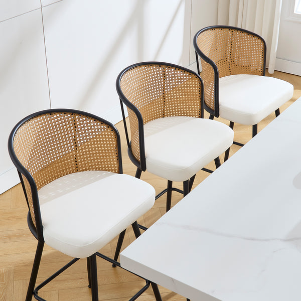 Lagrein II Swivel Bar Stool in White Jaen Leather with Rattan Backrest