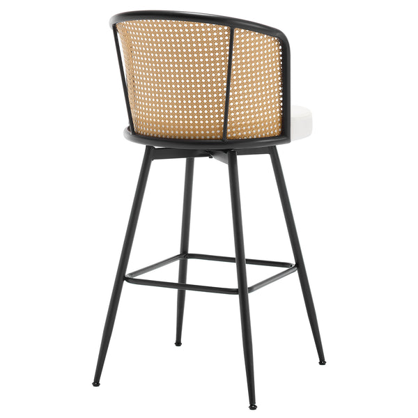 Lagrein II Swivel Bar Stool in White Jaen Leather with Rattan Backrest