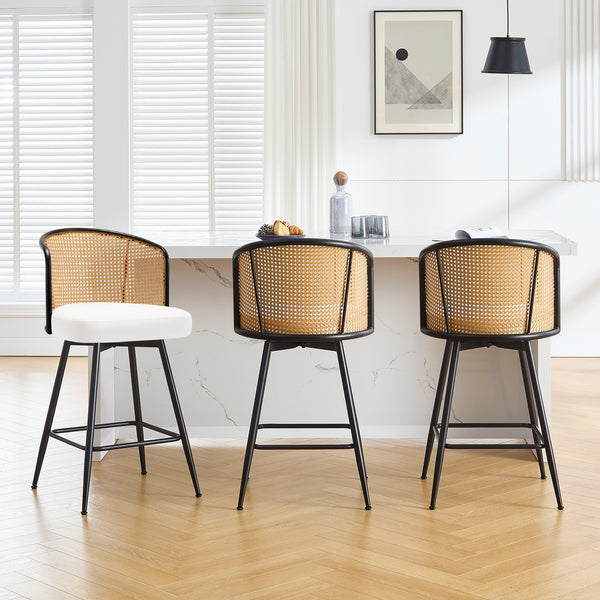 Lagrein II Swivel Counter Stool in White Jaen Leather with Rattan Backrest