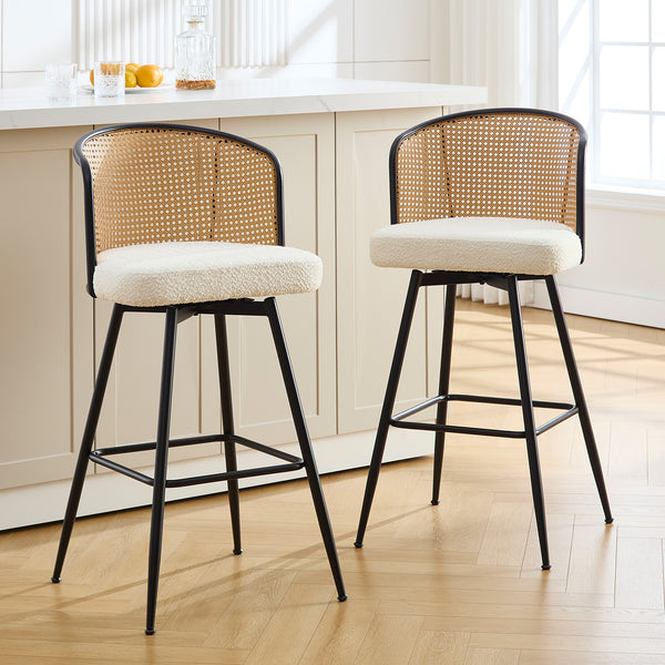 Lagrein II Swivel Bar Stool in White Sacy Fabric with Rattan Backrest