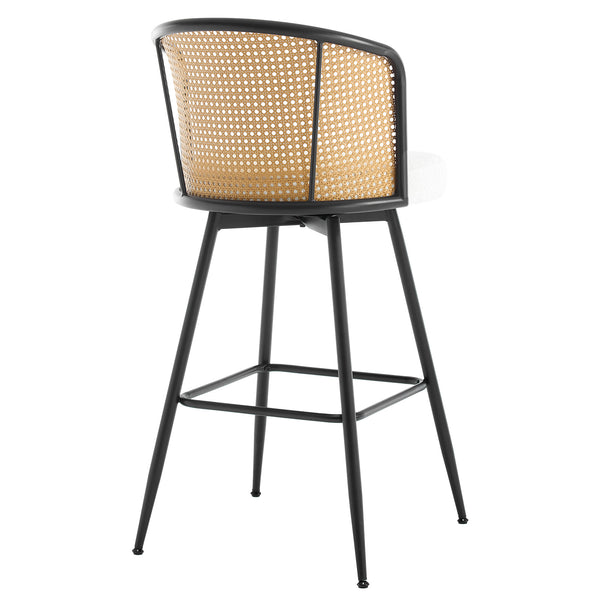 Lagrein II Swivel Bar Stool in White Sacy Fabric with Rattan Backrest