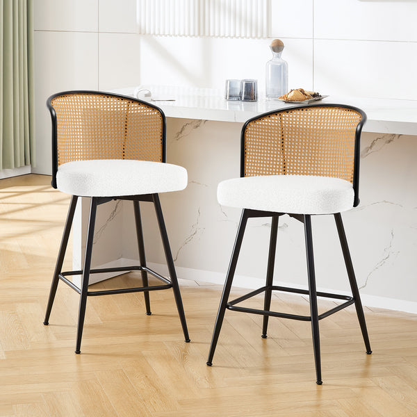 Lagrein II Swivel Counter Stool in White Sacy Fabric with Rattan Backrest