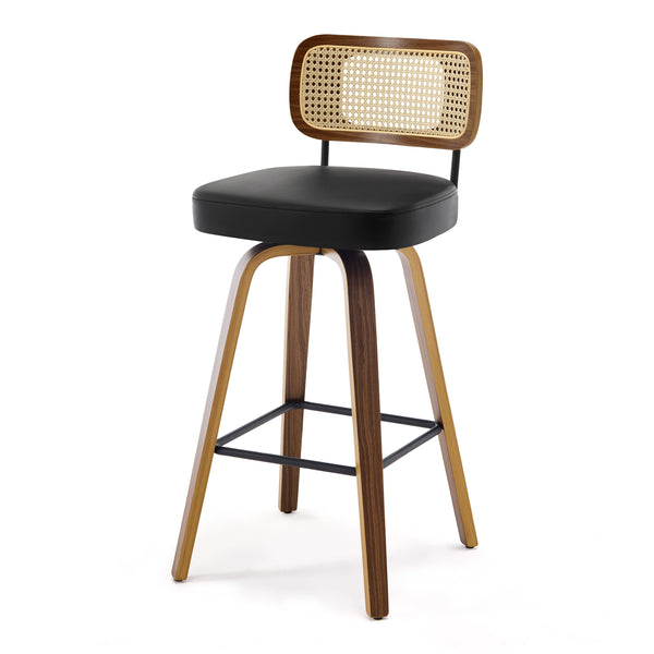 Moravia Bar Stool in Black Hron Leather, Bar Height, with Rattan Backrest