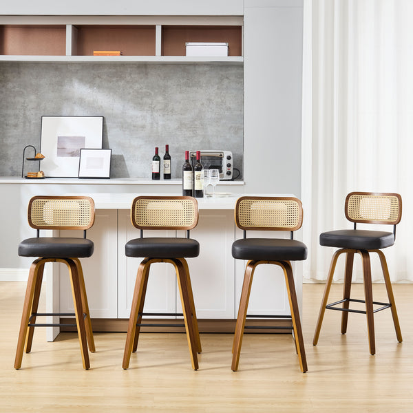 Moravia Bar Stool in Black Hron Leather, Bar Height, with Rattan Backrest