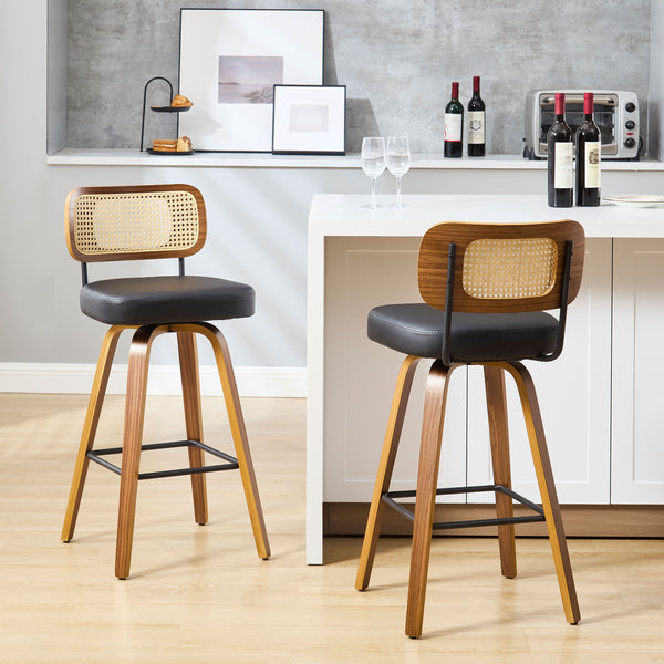 Moravia Bar Stool in Black Hron Leather, Bar Height, with Rattan Backrest