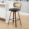 Moravia Bar Stool in Black Hron Leather, Bar Height, with Rattan Backrest