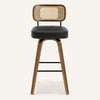 Moravia Bar Stool in Black Hron Leather, Bar Height, with Rattan Backrest