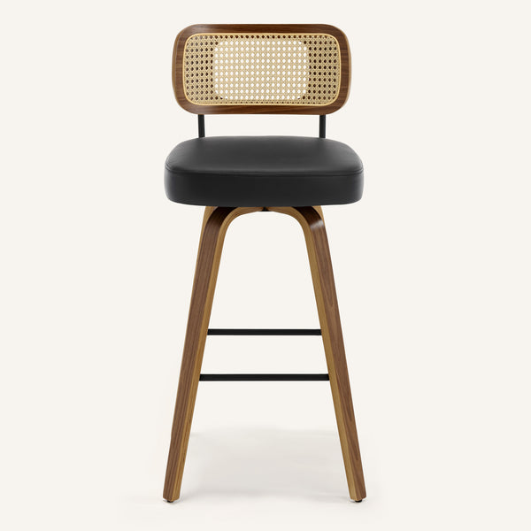 Moravia Bar Stool in Black Hron Leather, Bar Height, with Rattan Backrest