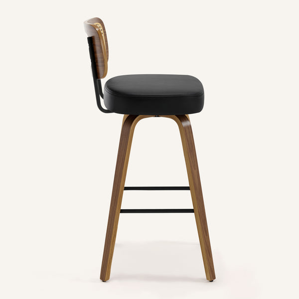 Moravia Bar Stool in Black Hron Leather, Bar Height, with Rattan Backrest