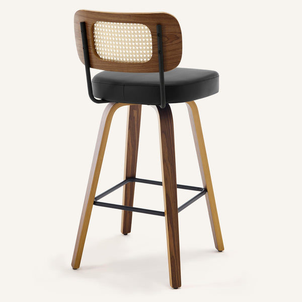 Moravia Bar Stool in Black Hron Leather, Bar Height, with Rattan Backrest
